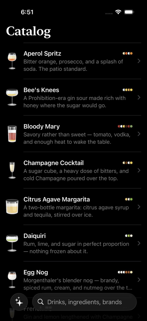 Mixologeist catalog screen listing cocktails like the Aperol Spritz and Bee's Knees